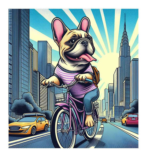 Vinilo 60x60cm Bulldog Frances Bici Hembra Pedaleando