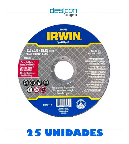 25 Discos Corte Fino Para Metal E Inox 115mmx22mm Irwin