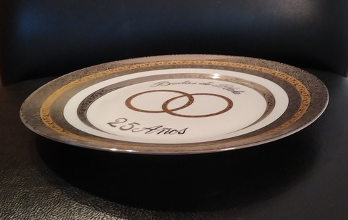 Plato Porcelana Limoges Francia Biselado Oro Plata, 25 Años. (Usado)