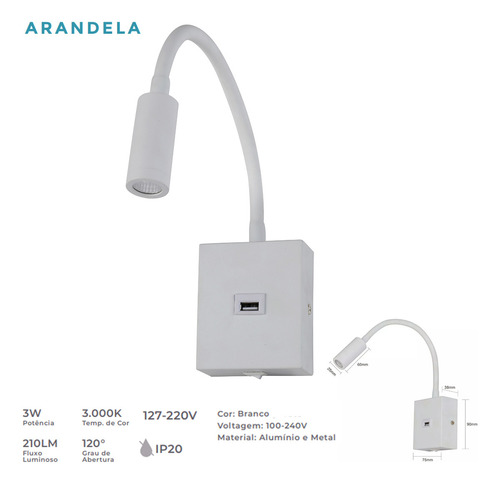 Kit 2 Arandelas Cabeceira Cama Leitura Led Usb Interruptor Estrutura Branco 110v/220v