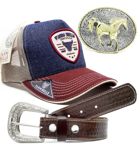 Kit Cinto Cowboy Bone Farm Bulls Original + Fivela Cavalo