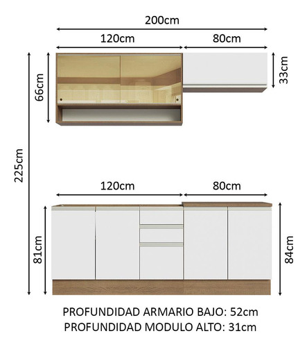 Cocina Integral Completa Madesa Glamy 200cm Con Tarja Mb Color Marrón/Blanco