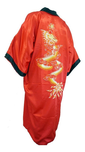 Imagen 3 de 4 de Kimono Bata Dragon Seda Hombre Color Negro Rojo Reversible