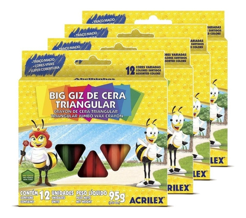 Kit 4 Caixas 12 Big Giz De Cera Acrilex Triangular 