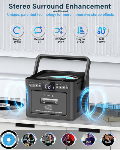 Reproductor De Cd Boombox Greadio Recargable Con Cassette Bl