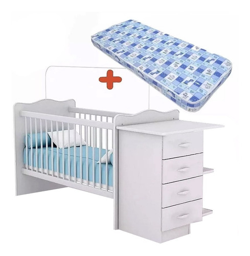 Cuna Infantil + Cambiador + Cajonera + Colchón - Blanco Rosa