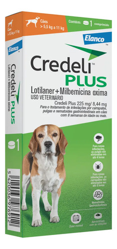 Credeli Plus Para Cães 5,5kg a 11kg 225mg | Antipulgas, Carrapatos E Vermífugo | 1 Comprimido Original Elanco