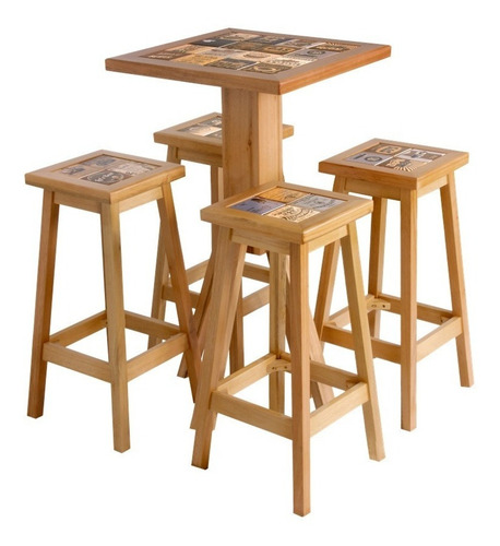 Mesa Conjunto Bistrô C/ Quatro Banquetas Alta P/ Bar Madeira