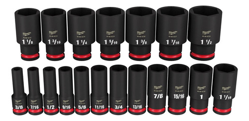 Milwaukee Juego de 19 piezas de dados de impacto SAE de 6 puntos de 1/2 pulgada de drive SHOCKWAVE