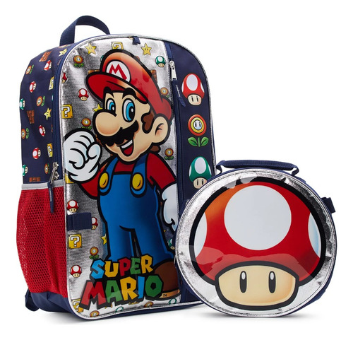 Mochila Escolar Super Mario C/ Lonchera Lapicera Y Id De 43cm *sk Color Azul oscuro