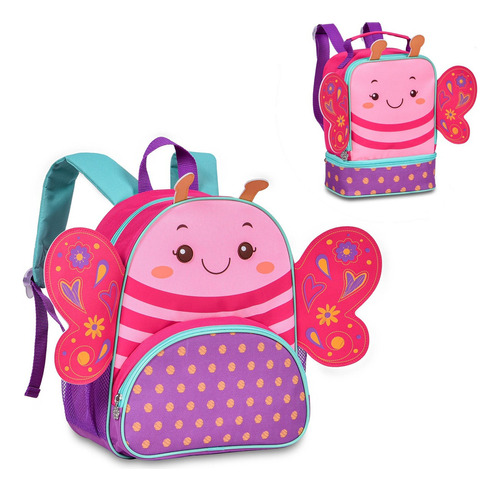 Mochila Escolar Menina Infantil Baby Borboleta C/ Lancheira Cor Rosa Desenho Do Tecido Liso