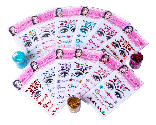 Strass Autoadhesivo X 12 Rostro Cuerpo Gemas + 3 Glittergel