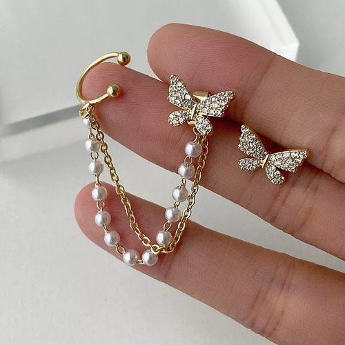 Aretes Asimétricos Mariposas Pedrería Y Perlas 