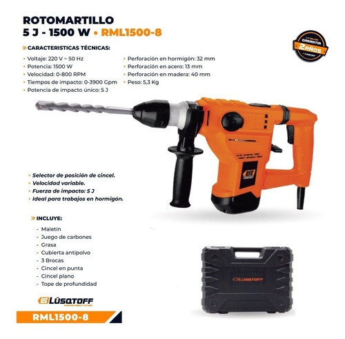 Imagen 2 de 8 de Rotomartillo Percutor Lusqtoff 1500w 5j + Cinceles + Maletin