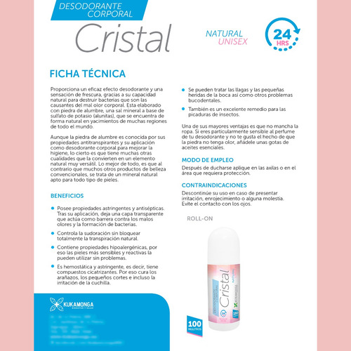 Desodorante Natural Roll On Unisex 24 Hrs, Cristal -100 Ml