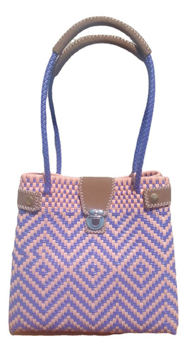 Bolsa Elegante Toquilla De Plástico Toques Piel Lila Y Rosa Acabado De Los Herrajes Níquel Color Violeta