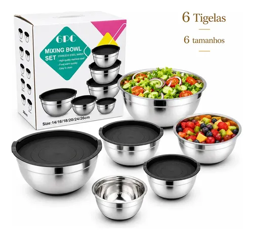 DAKSAN6 Bowls Tigelas Aço Inox Com Tampa Plástica Kit 304 Inox Prateado
