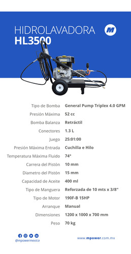 Hidrolavadora Con Motor A Gasolina 15 Hp Hl3500 Mpower