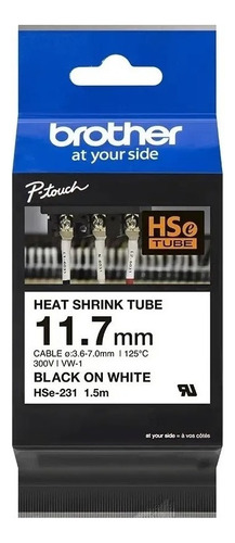 Cinta Termocontraible Brother Hse-231 Negro S/ Blanco 11,7mm