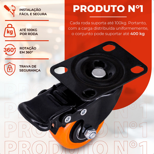 Kit 4 Rodinhas Rodízio 2 Polegadas Para Moveis Capacidade 400kg Com Trava Para Moveis, Carrinhos, Bancadas De Trabalho Marca Davely