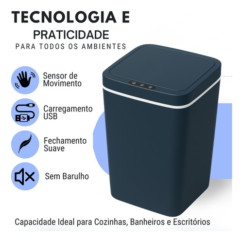Lixeira Sensor Inteligente Automática Recarregavél Usb Cinza-escuro