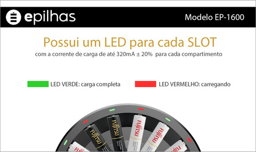 Carregador Ep-1600 Com 16 Pilhas Aa Fujitsu Standard 2000mah