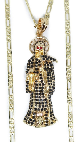 Collar Santa Muerte Zirconias Negras De Oro Laminado Sa8