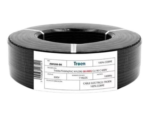 Cable Thhw Número 8 100m Negro Pvc 90° Troen