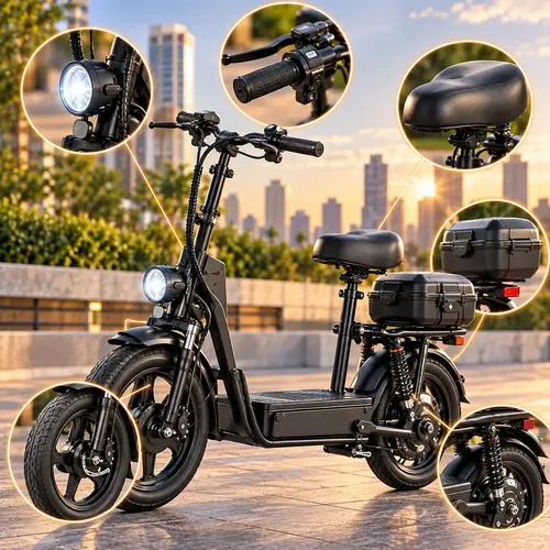 Bicicleta Elétrica 500W 48V Bateria de Lítio Dobrável com Banco Baú Traseiro Farol Freio Hidráulico Aro 14 Velocidade 32km/h Autonomia Até 25km Preta Mobilidade