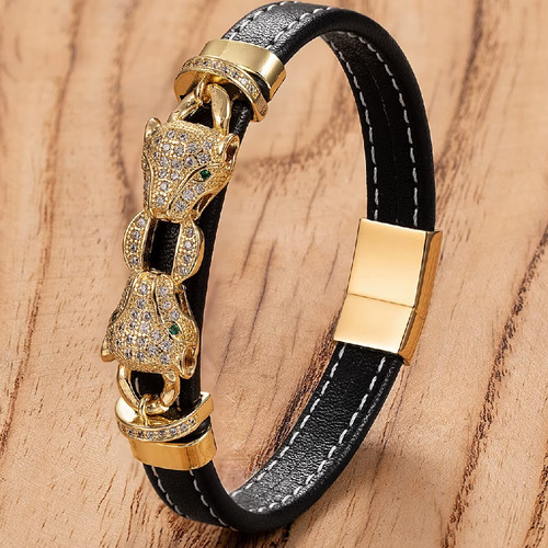 Pulsera Brazalete Leopardo Jaguar Amor Corazón Swarovski Ele Dorado 7 Cm 21 Cm