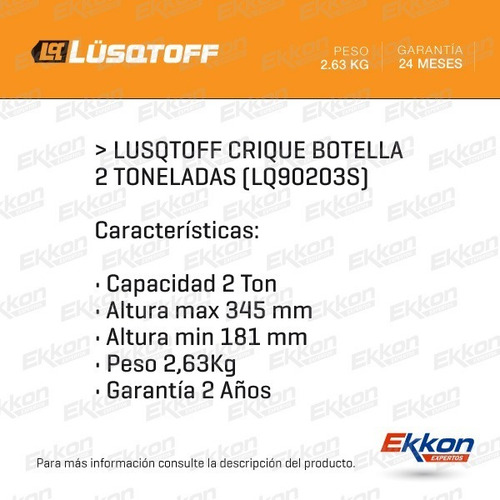 Imagen 2 de 8 de Crique Botella Hidraulico Lusqtoff 2 Toneladas Altura 345mm