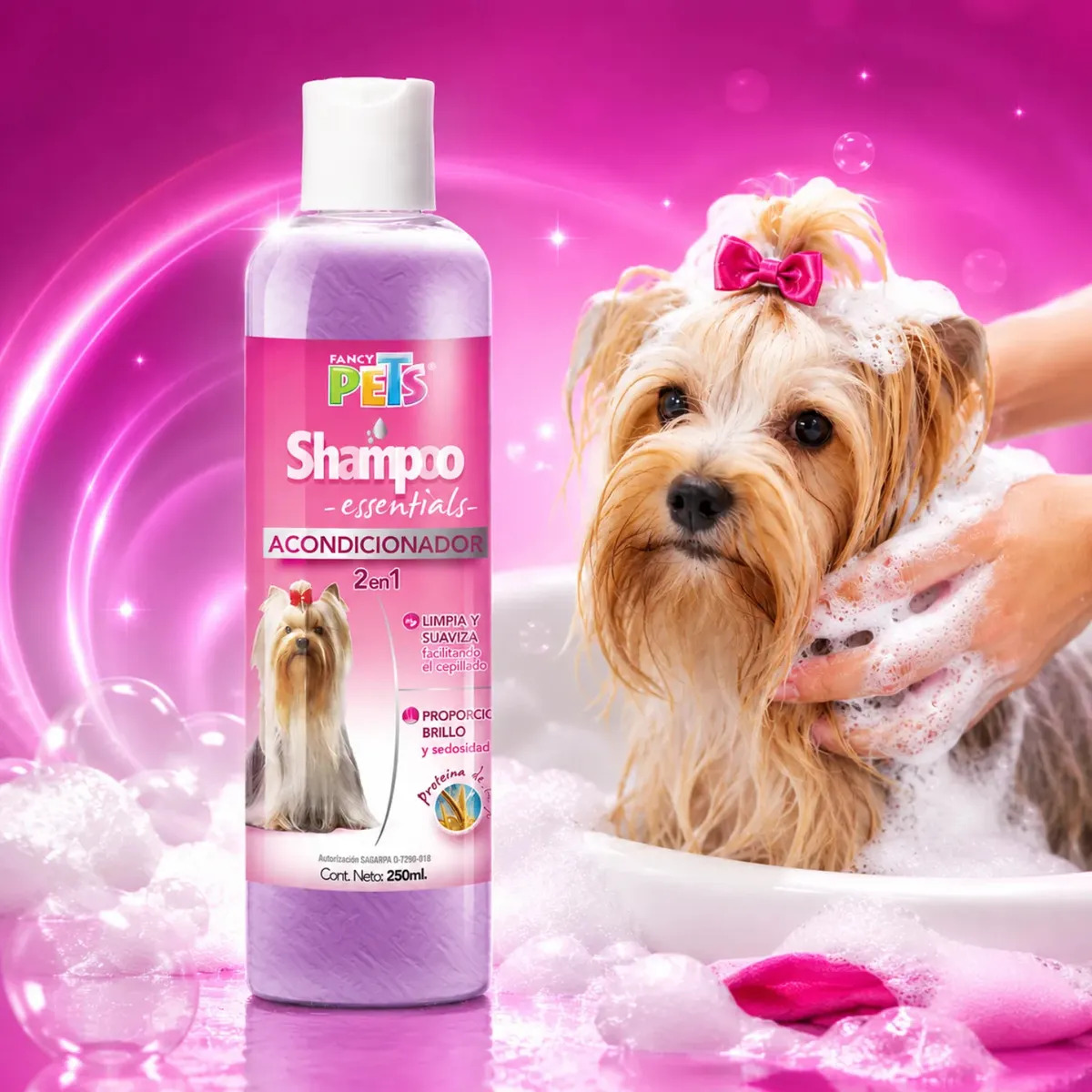 Shampoo Con Acondicionador 2 En 1 Essentials Fancy Pets Para Perros 250 ml, Limpia Y Suaviza El Pelo, Ideal Para Pelo Que Se Enreda, Con pH Adecuado, Brillo Y Sedosidad