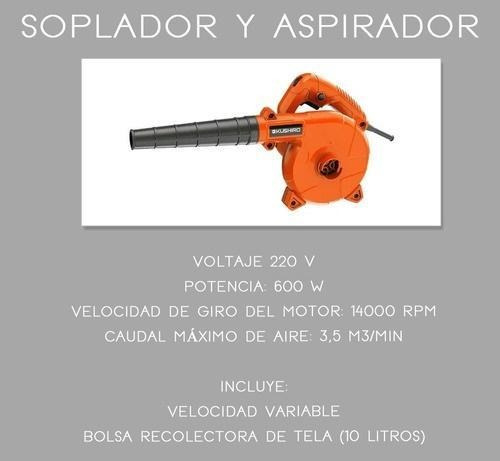 Imagen 2 de 5 de Soplador Aspirador Eléctrico 600w Bolsa 10 Litros Kushiro