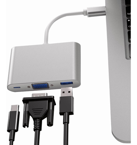 Hub tipo C 3 em 1, adaptador USB C para USB3.0/VGA/tipo C