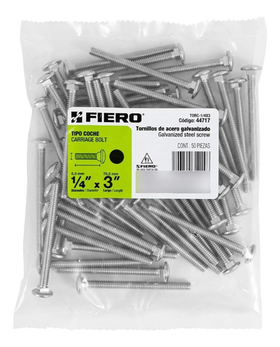 Bolsa Con 50 Tornillos 1/4 X 3 Tipo Coche, Fiero