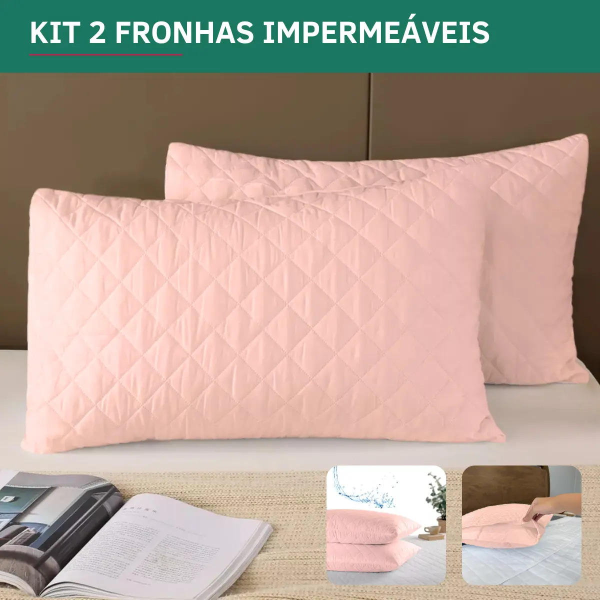 Kit 2 Capa De Travesseiro Impermeável Matelada Protetora Antialérgica Lavável Alta Qualidade Silenciosa Macia Confortável Cor Rose