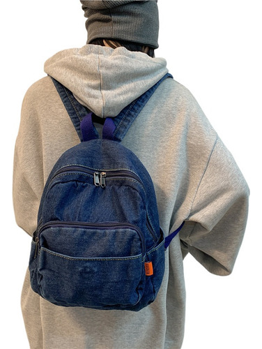 Mochila de mezclilla para viajes escolares, bolsos de hombro azul oscuro