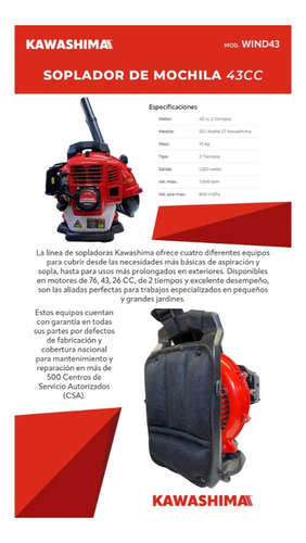 Sopladora a gasolina 43cc mochila Kawashima