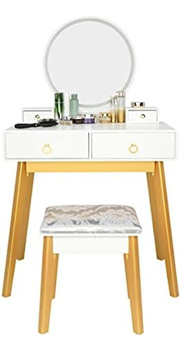 Mesa De Maquillaje De Madera Real Con Lámpara 3 Colores