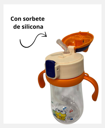 Vaso Plastico Con Pico De Silicona Botella Infantil Niños Naranja Animalitos