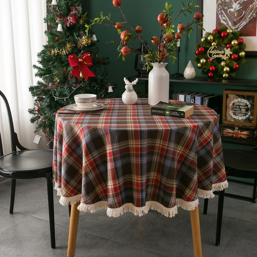 Mantel Navideño Redondo Con Rojo Y Verde