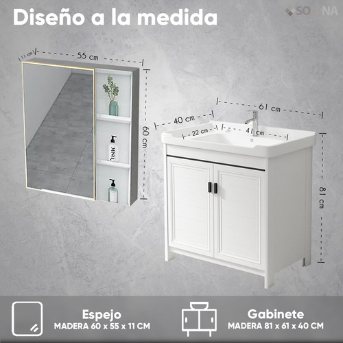 Solana Gabinete Para Baño Modelo Cala 2 Tocador De Madera Y Ceramica Con 3 Capas De Esmalte / Set Con Espejo, Lavabo, Grifo Y Desague