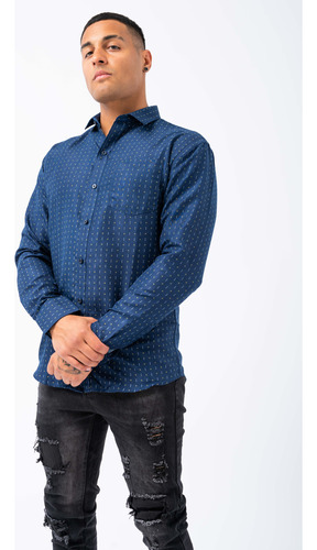 Camisa Manga Larga Para Hombre, De Algodón, Color Azul Navy.