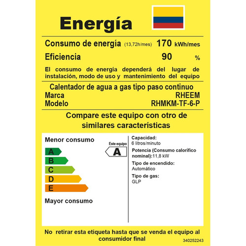 Calentador De Agua 6lt Gas Propano Tiro Forzado Rheem Color Blanco Tipo de gas GLP 120V