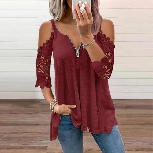 Sisit Blusa Manga 3 4 Hombro Descubierto Para Mujer Ribete