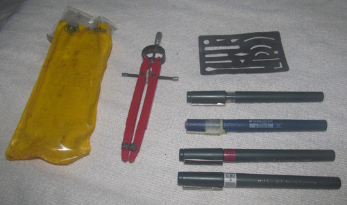 Combo Rapidographs + Compás + Plantilla Borradora (Usado)