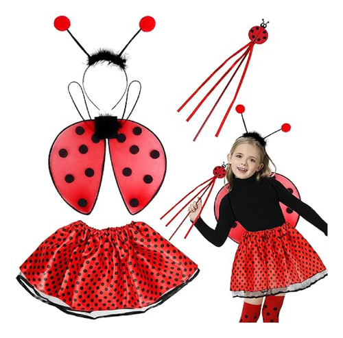 Conjunto Disfraz De Mariquita Para Niña, Diadema Falda Alas
