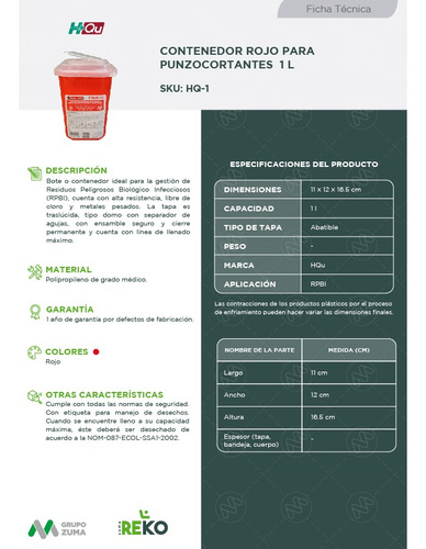 Contenedor Para Punzocortantes 1 Lts Hqu C/4 Botes