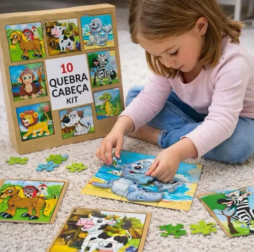 Kit 10 Quebra-Cabeças de Madeira MDF Animais (9 peças cada)