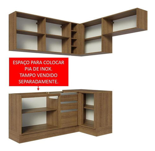Armário De Cozinha Completa De Canto 349cm Madesa Glamy 07 R Cor Rustic